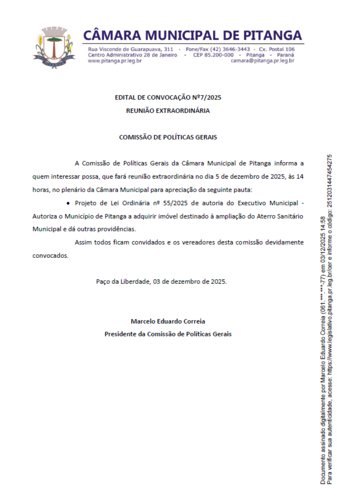 EDITAL DE CONVOCAÇÃO Nº7/2025 REUNIÃO EXTRAORDINÁRIA COMISSÃO DE POLÍTICAS GERAIS