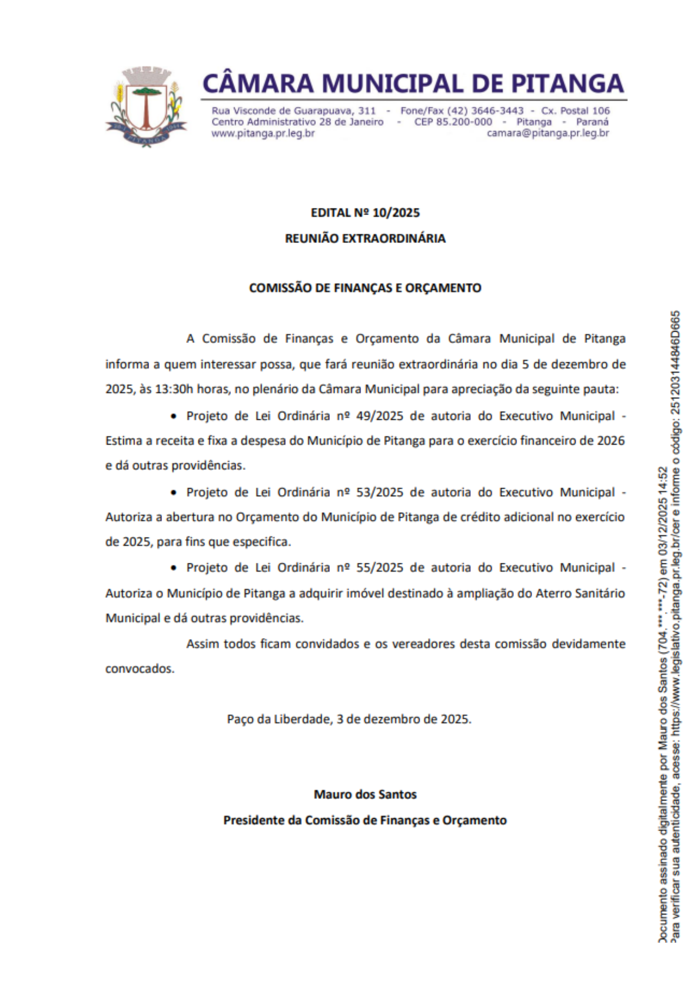 EDITAL Nº 10/2025 REUNIÃO EXTRAORDINÁRIA COMISSÃO DE FINANÇAS E ORÇAMENTO