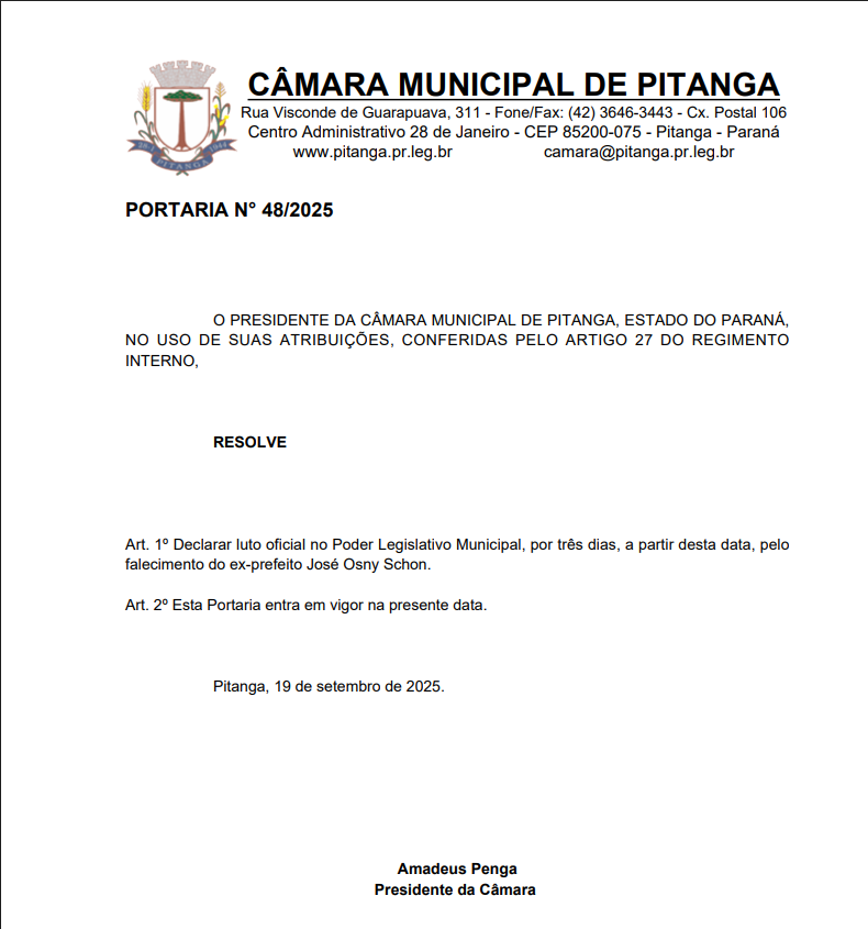 Luto oficial no Poder Legislativo Municipal pelo falecimento do ex-prefeito José Osny Schon