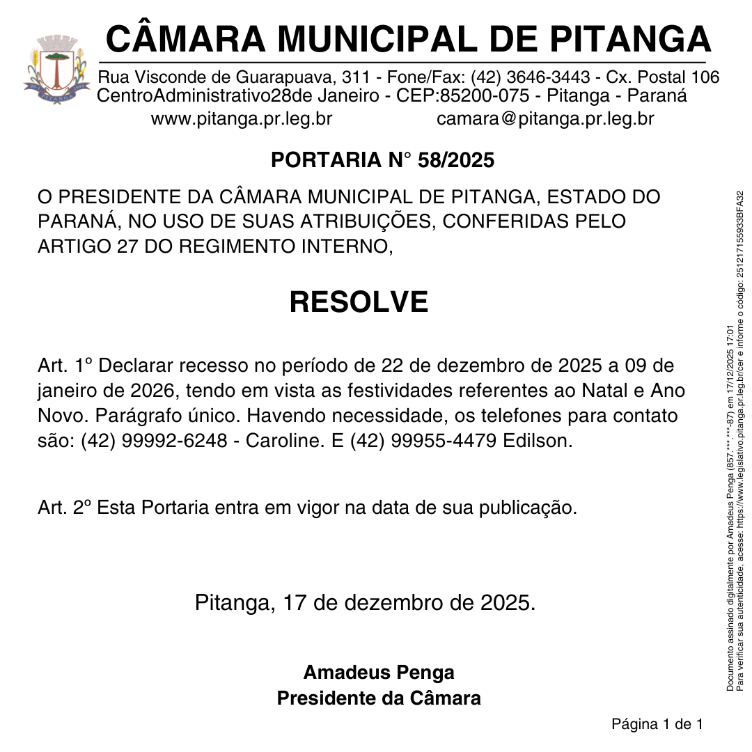 PORTARIA N° 58/2025 - Declara recesso no período de 22 de dezembro de 2025 a 09 de janeiro 
