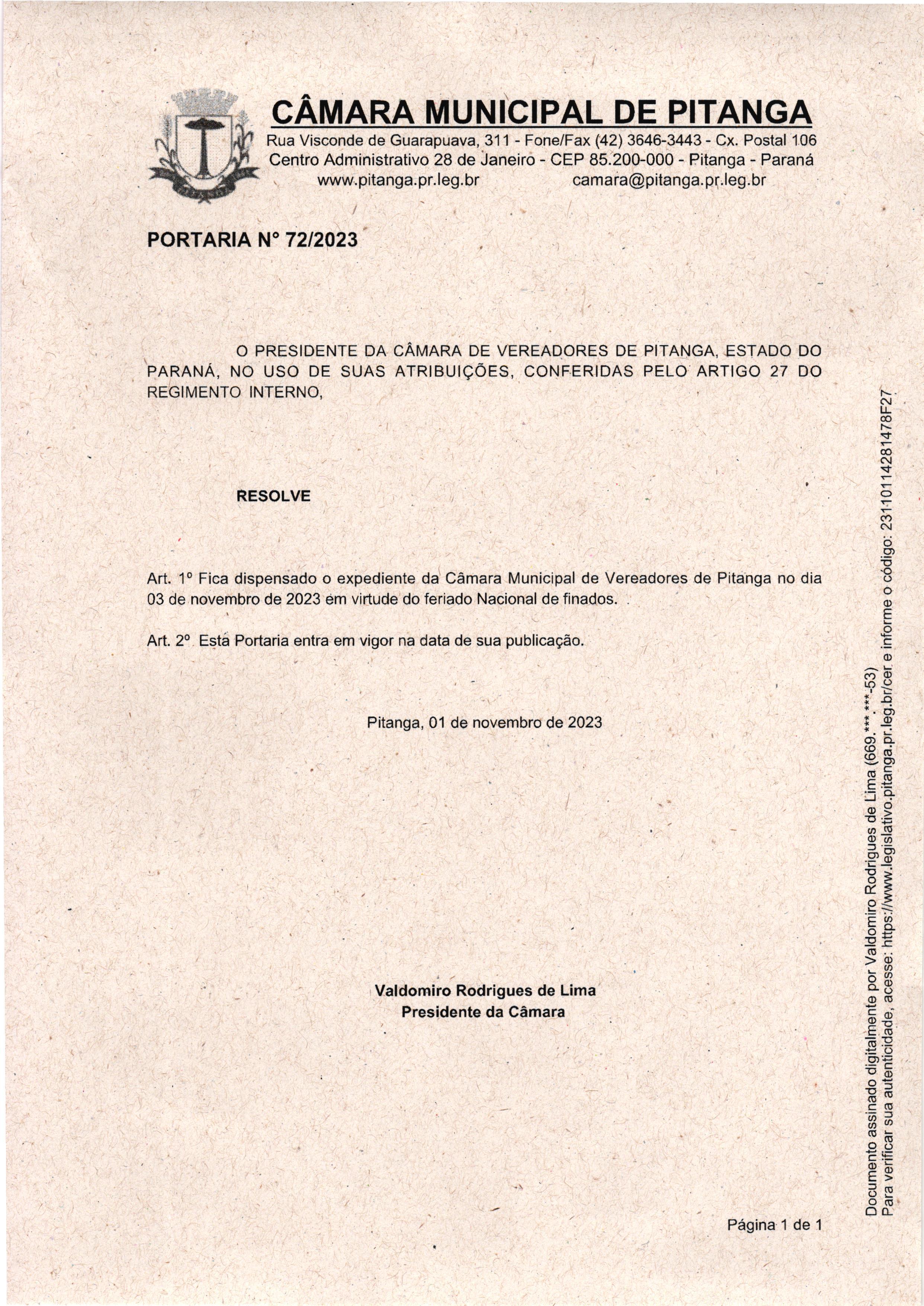 PORTARIA N° 72/2023