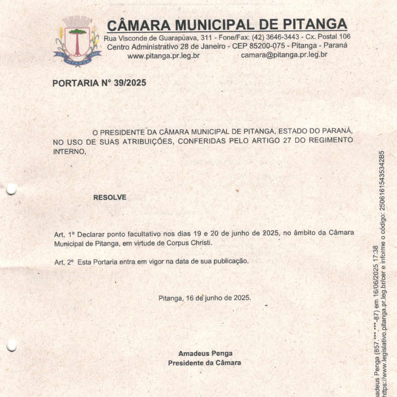 PORTARIA Nº 39 - PONTO FACULTATIVO 